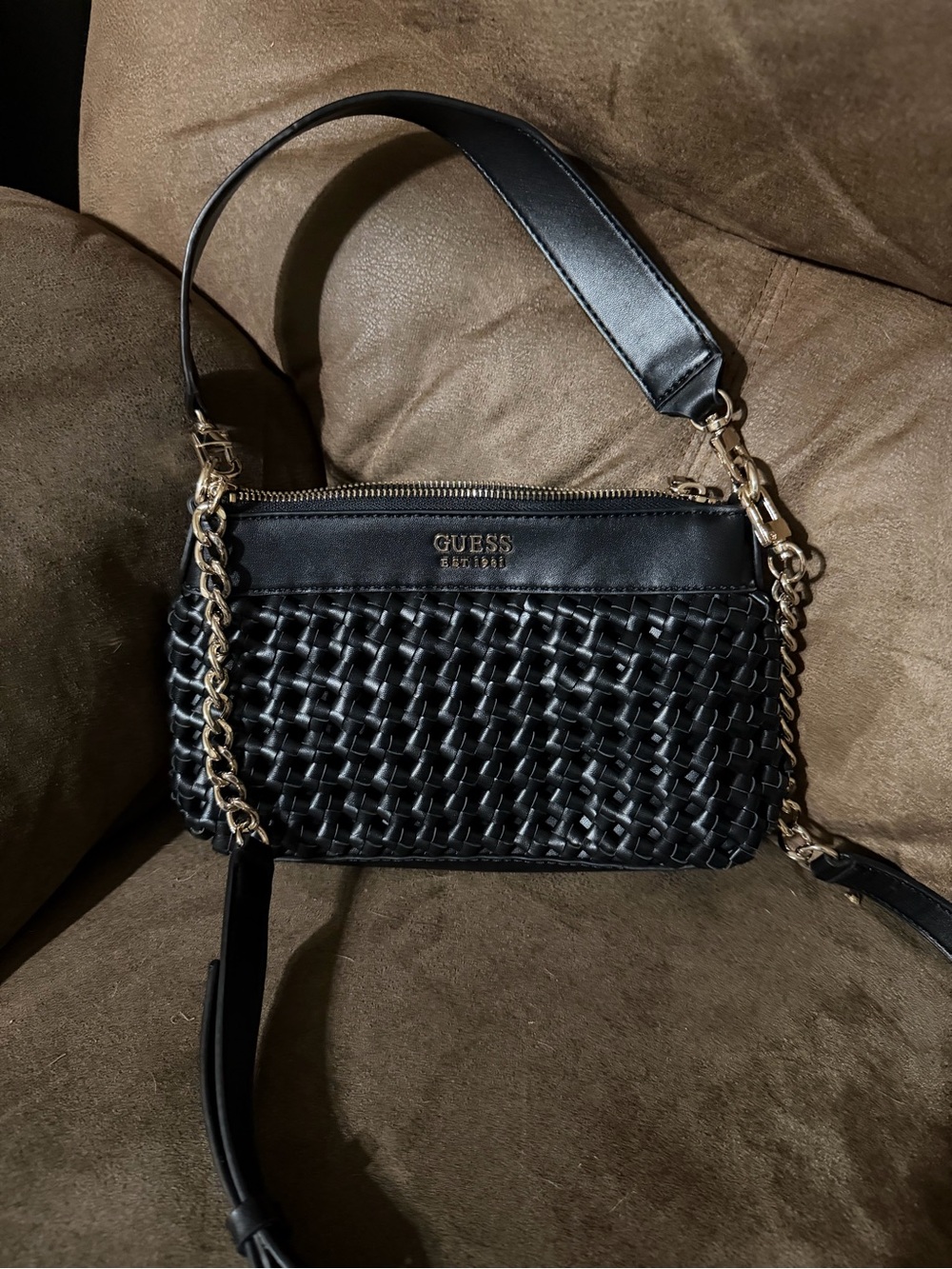 GUESS Black Woven Crossbody with Gold Chain Trim